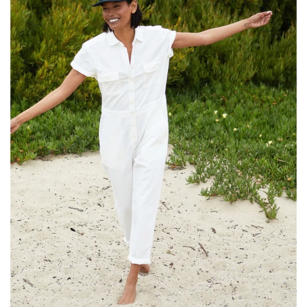Outerknown SEA Jumpsuit Womens Salt White Short Sleeve Button Front